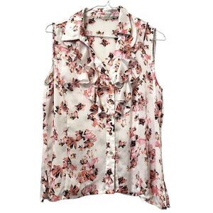 Tahari Floral Ruffle Button Front Sleeveless Chiffon Blouse Top Pink Small